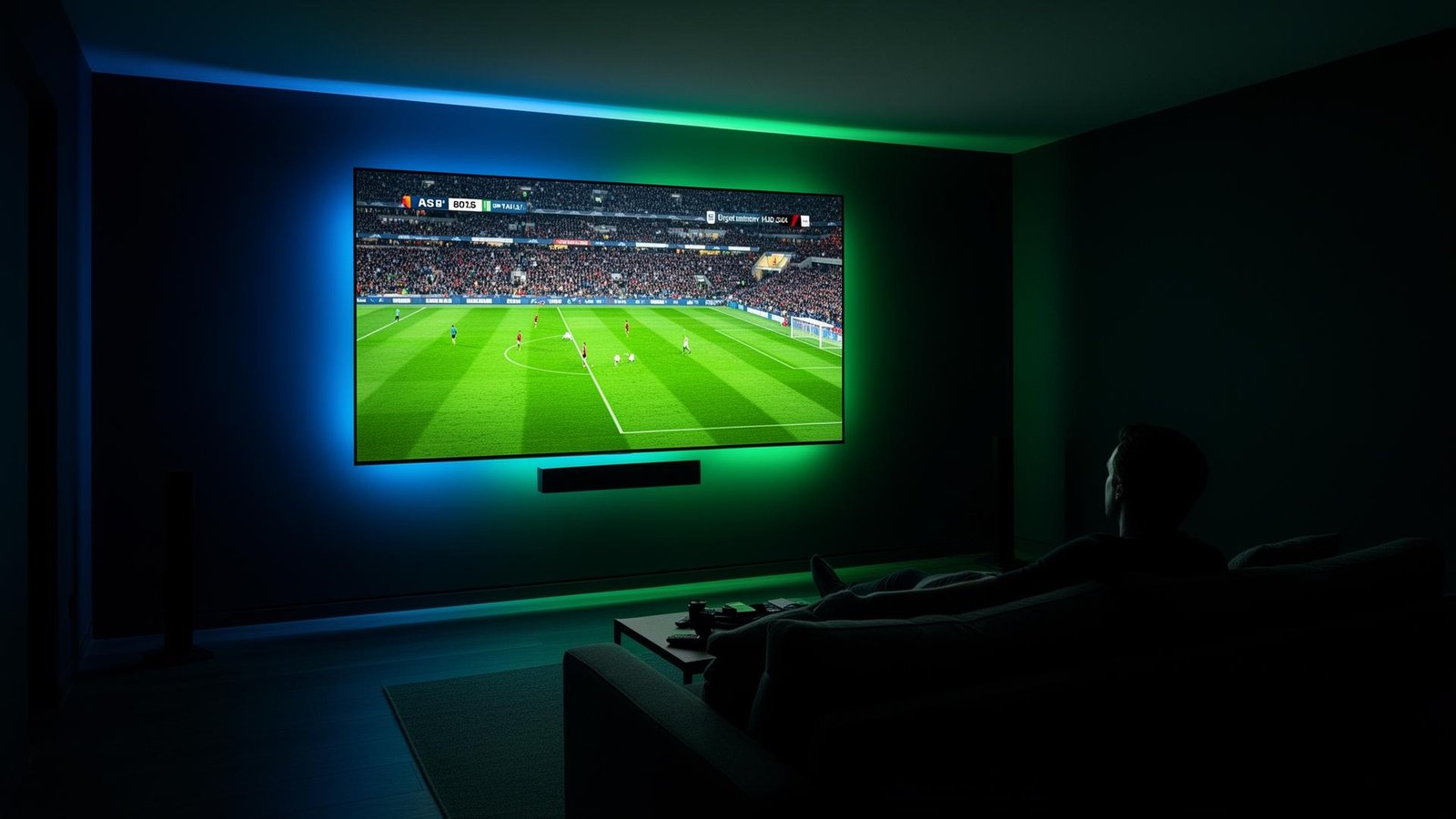 Sala de estar moderna com TV grande exibindo transmissão esportiva em alta definição via IPTV